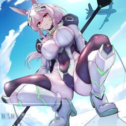  1girl absurdres aircraft airplane animal_ears armor artist_name black_thighhighs blue_sky boots borrowed_character breasts cleavage cloud commentary_request covered_navel day from_below headgear high_heel_boots high_heels highres holding holding_polearm holding_weapon large_breasts leotard long_hair looking_at_viewer magical_girl mecha_musume mechanical_ears natsukaze_shigure original outdoors parted_lips polearm ponytail rabbit_ears rabbit_selena_(hiruno) red_eyes shiny_clothes shoulder_armor skin_tight sky solo squatting thighhighs weapon white_hair yuina_(hiruno) 