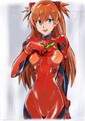  1girl arm_behind_back blue_eyes bodysuit breasts brown_hair curvy hair_between_eyes hair_ornament hand_on_own_chest highres interface_headset_(evangelion) long_hair looking_at_viewer mecha_pilot_suit medium_breasts neon_genesis_evangelion plugsuit_(evangelion) red_bodysuit shiny_clothes simple_background skin_tight solo source_request souryuu_asuka_langley two_side_up very_long_hair white_background wide_hips zele_(zele_yabenu)  rating:Sensitive score:18 user:danbooru