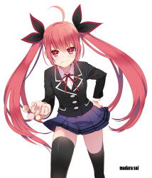 &gt;:) 1girl ahoge artist_name black_jacket black_ribbon black_thighhighs blazer blue_skirt blush breasts candy clenched_hand closed_mouth date_a_live fingernails food fringe_trim hair_between_eyes hair_ribbon hand_on_own_hip holding holding_candy holding_food holding_lollipop itsuka_kotori jacket large_ribbon lips lollipop long_hair long_sleeves looking_at_viewer madara_sai miniskirt outstretched_arm pleated_skirt red_eyes red_hair red_ribbon ribbon school_emblem school_uniform shirt sidelocks simple_background skirt small_breasts smile solo standing thighhighs v-shaped_eyebrows very_long_hair white_background white_shirt zettai_ryouiki rating:General score:11 user:danbooru