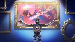  1boy 1girl absurdres bad_link blue_background covered_eyes dress elbow_gloves extra_arms game_cg glitch gloves highres holding holding_photo hole_in_chest hole_on_body honkai:_star_rail honkai_(series) joints looking_up lygus_(honkai:_star_rail) mechanical_arms official_art outstretched_arms painting_(object) photo_(object) picture_frame polka_kakamond robot robot_joints sleeveless sleeveless_dress spotlight 