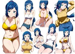  absurdres aqua_eyes batta_16-sei bikini blue_eyes breasts breasts_squeezed_together cleavage denim denim_shorts gold_bikini green_eyes gundam gundam_build_fighters highres iori_rinko large_breasts long_hair looking_at_viewer mature_female midriff multiple_views navel open_mouth ponytail ribbed_sweater seiza shiny_clothes short_shorts shorts sidelocks simple_background sitting smile strapless sweater swimsuit tank_top tube_top very_long_hair wavy_hair yellow_sweater  rating:Sensitive score:117 user:danbooru