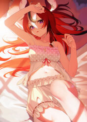  1girl absurdres animal_ear_fluff animal_ears arm_up armpits babydoll bare_shoulders black_streaks breasts feet_out_of_frame gradient_clothes gradient_shirt hair_between_eyes hakos_baelz hakos_baelz_(5th_costume) heart heart-shaped_pillow highres hololive hololive_english jiang_ye_kiri long_hair looking_at_viewer lying medium_breasts mouse_ears multicolored_hair navel official_alternate_costume on_back on_bed pillow polka_dot polka_dot_shirt puffy_shorts purple_eyes red_hair shirt shorts skirt sleepwear solo streaked_hair virtual_youtuber white_streaks yellow_babydoll 