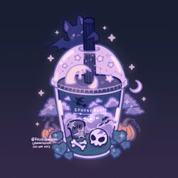  1girl animal artist_name bat_(animal) bone broom broom_riding bubble_tea cartoon_bone cloud commentary commission constellation crescent_moon cumulonimbus_cloud cup disposable_cup drinking_straw dripping emily_kim english_commentary glowing halftone halloween hat highres horizon leaf lid media_player_interface moon night night_sky one_eye_closed original outdoors pumpkin purple_clouds purple_eyes purple_fur purple_sky purple_theme silhouette silk skull sky sparkle spider_web star_(symbol) tombstone wide_shot witch witch_hat 