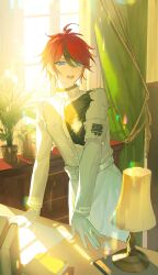  1boy absurdres ahoge aizendai armband black_streaks blue_eyes book chinese_commentary curtains gakuran gloves highres hole_in_chest hole_on_body indoors lamp last_defense_academy_school_uniform leaning_on_table looking_ahead male_focus multicolored_hair open_mouth plant potted_plant red_hair school_uniform short_hair smile solo streaked_hair sumino_takumi sun_glare the_hundred_line_-last_defense_academy- white_armband white_gloves window 