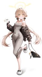  1girl absurdres bag bare_shoulders black_bag black_cardigan blue_archive breasts cardigan charm_(object) cleavage commentary_request covered_navel dongtan_dress dress grey_dress hair_flaps hifumi_(blue_archive) highres holding holding_bag holding_phone hooming_illust long_sleeves low_twintails medium_breasts meme_attire off_shoulder open_cardigan open_clothes phone puffy_long_sleeves puffy_sleeves slippers standing standing_on_one_leg twintails white_slippers yellow_eyes 