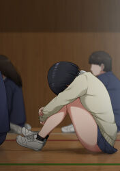 2boys 2girls ankle_socks ass black_hair black_socks blue_skirt blurry blurry_background bob_cut breasts commentary depth_of_field dress_shirt embarrassed from_side full_body gym hair_between_eyes hand_on_own_arm head_down highres hugging_own_legs indoors long_sleeves maanii medium_breasts miniskirt multiple_boys multiple_girls on_floor original paid_reward_available pee peeing peeing_self pleated_skirt profile puddle school_uniform shadow shirt shoes short_hair sitting skirt sneakers socks solo_focus sweater white_footwear white_shirt wooden_floor yellow_sweater rating:Questionable score:72 user:danbooru