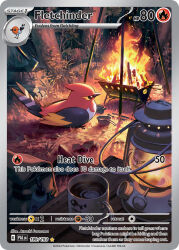  animal_focus artist_name axe bird blanco026 campfire card_(medium) character_name closed_mouth company_name copyright_name copyright_notice cup drink embers english_text fire fletchinder fletchling full_body gen_6_pokemon grass lantern mug night nintendo no_humans official_art outdoors pokemon pokemon_(creature) pokemon_card pokemon_focus pokemon_tcg solo third-party_source trading_card tree tree_stump 