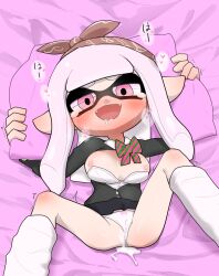  1girl after_vaginal aftersex bandana bed_sheet blush bow bow_panties bowtie breasts clothing_aside cum cum_in_pussy cumdrip domino_mask fangs female_focus half-closed_eyes heavy_breathing inkling inkling_girl inkling_player_character loli long_hair looking_at_viewer lying mask medium_breasts nintendo nipples on_back on_bed open_mouth orgasm panties panties_aside pillow pillow_grab pink_eyes pointy_ears pussy saliva school_uniform smile socks solo splatoon_(series) spread_legs sweat tears tentacle_hair trembling tukadanobuo underwear white_hair white_panties white_socks 
