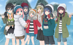 6+girls animal aqua_coat aqua_skirt beanie black_hat black_pants black_shirt black_skirt blonde_hair blue_eyes blue_hair blue_pants blue_sky blush brown_coat brown_hair brown_shorts can chihuahua chikuwa_(yurucamp) clothed_animal cloud coat commentary_request cowboy_shot dog fur_trim_coat glasses green_coat green_eyes grey_pants group_picture hand_on_another&#039;s_hat hands_in_pockets hat highres holding holding_animal holding_can holding_dog inuyama_akari inuyama_aoi kagamihara_nadeshiko mountainous_horizon multicolored_hat multicolored_scarf multiple_girls nuts_tuna ocean one_eye_closed oogaki_chiaki open_mouth pants pants_rolled_up pink_hair pinstripe_pattern pinstripe_shirt purple_eyes red_coat red_hat saitou_ena scarf shima_rin shirt shore shorts skirt sky smile striped_clothes striped_shirt toki_ayano torn_clothes wading waving white_coat white_hat white_shirt white_skirt yellow_eyes yurucamp 