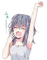  1girl armpits breasts camisole closed_eyes highres kuromiya_sakana large_breasts medium_hair original solo stretching white_background yawning 