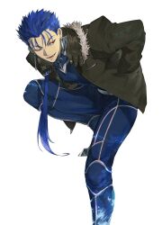  1boy araya_(hachino_araya) black_jacket blue_bodysuit blue_boots blue_hair bodysuit boots commentary_request cowboy_shot cu_chulainn_(fate) earrings fate/stay_night fate_(series) fur-trimmed_jacket fur_trim hair_ornament hand_in_pocket highres jacket jewelry juliet_sleeves long_hair long_sleeves looking_to_the_side low_ponytail male_focus one_eye_closed open_clothes open_jacket open_mouth ponytail puffy_sleeves red_eyes smile solo standing standing_on_one_leg teeth v-shaped_eyebrows 