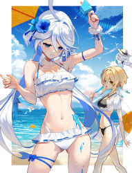  3girls beach bikini bird black_bikini blonde_hair blue_eyes blue_hair blue_sky breasts cloud commentary_request drop-shaped_pupils earrings feather_earrings feathers floating_hair food furina_(genshin_impact) genshin_impact grey_hair hair_ornament hat heterochromia holding holding_food holding_ice_cream ice_cream ice_cream_bar jewelry leg_ribbon long_hair lumine_(genshin_impact) melting multicolored_hair multiple_girls navel ocean outdoors paimon_(genshin_impact) ribbon scottie_(phantom2) see-through_clothes see-through_shirt shirt sky spill straw_hat streaked_hair swimsuit symbol-shaped_pupils thigh_ribbon tied_shirt very_long_hair white_bikini white_bird  rating:Sensitive score:48 user:danbooru