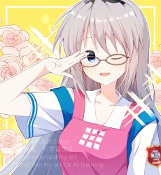  1girl ;d apron bespectacled black_hairband blue_eyes blush brown-framed_eyewear clannad commentary_request floral_background flower glasses grey_hair hair_between_eyes hairband hand_up happy highres hikarizaka_private_high_school_uniform long_hair looking_at_viewer one_eye_closed open_mouth pink_apron pink_flower pink_rose rose sakagami_tomoyo salute school_uniform shirt short_sleeves simple_background smile solo sparkle straight_hair summer_uniform upper_body watermark white_shirt xdjf63qbpt0iqmj yellow_background 