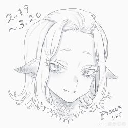  1girl fangs fins fish_girl greyscale head_fins highres kajino looking_at_viewer monochrome original personification pisces_(zodiac) portrait scales short_hair simple_background skin_fangs solo white_background zodiac 
