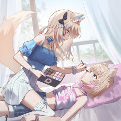  2girls absurdres animal_ears blonde_hair blue_camisole blue_eyes blue_hair blue_skirt braid breasts camisole clothes_writing day dog_ears dog_girl dog_tail frilled_camisole frills fuwawa_abyssgard fuwawa_abyssgard_(casual) girl_on_top hair_intakes hair_ornament hairclip half_up_half_down_braid highres holding holding_brush holding_makeup_brush hololive hololive_english indoors large_breasts lesbians_doing_makeup_(meme) linhcoris long_hair looking_at_another lying makeup makeup_brush meme mococo_abyssgard mococo_abyssgard_(casual) multicolored_hair multiple_girls official_alternate_costume official_alternate_hairstyle on_bed pink_eyes pink_hair plaid_camisole short_hair siblings side_braids sisters skirt straddling streaked_hair tail twins two_side_up virtual_youtuber white_camisole white_skirt 