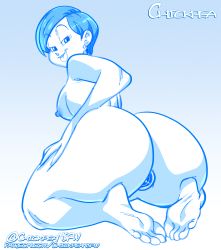 1girl anal anus aqua_eyes artist_name ass ass_focus barefoot breasts breasts_out bulge bulma butt_crack chickpea_(chickpeansfw) completely_nude curvy dragon_ball dragon_ball_super earrings full_body greyscale highres huge_ass indoors jewelry kneeling large_breasts legs_together lips looking_at_viewer looking_back monochrome naughty_face nipples nude seductive_smile simple_background smile soles solo thighs toes tongue tongue_out twitter_username uncensored wide_hips rating:Explicit score:61 user:fakyuh