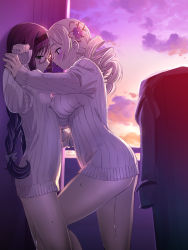 10s 2girls against_wall akemi_homura ass asymmetrical_docking bare_legs between_thighs black_hair blonde_hair blush bottomless bow braid breast_press breasts couple covered_erect_nipples dress drill_hair face-to-face flat_ass food forehead-to-forehead glasses hair_bow hair_ornament hairband heads_together holding_another&#039;s_wrist holding_hands kabedon leg_between_thighs long_hair looking_at_another looking_away looking_down mahou_shoujo_madoka_magica mahou_shoujo_madoka_magica_(anime) medium_breasts multiple_girls naked_sweater no_pants pantyhose pocky pocky_kiss pussy_juice pussy_juice_trail ribbed_sweater sasayuki shared_food sunset sweat sweater sweater_dress tomoe_mami twin_braids white_legwear yuri rating:Explicit score:222 user:danbooru