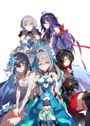  5girls ahoge asumi_kana bare_shoulders black_dress black_gloves blue_dress blue_hair blue_halo breasts bronya_rand bronya_zaychik bronya_zaychik_(herrscher_of_truth) cleavage closed_eyes colored_inner_hair company_connection covered_navel crossed_legs dress drill_hair earrings flower gloves grape_(grapedraws) grey_eyes grey_hair hair_flower hair_ornament halo honkai:_star_rail honkai_(series) honkai_impact_3rd jewelry leotard long_hair medium_breasts multicolored_hair multiple_girls nakahara_mai name_connection open_mouth red_hair see-through_cleavage see-through_clothes seele_(alter_ego) seele_(honkai:_star_rail) seele_vollerei seele_vollerei_(herrscher_of_rebirth) seele_vollerei_(starchasm_nyx) small_breasts smile thighs two-tone_hair voice_actor_connection white_background white_dress white_leotard 