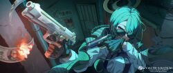  1girl beretta_92 black_gloves black_jacket black_necktie blue_archive braid braided_hair_rings dual_wielding glove_in_mouth gloves green_hair gun hair_over_one_eye hair_rings handgun highres holding jacket jacket_on_shoulders long_hair mina_(blue_archive) mouth_hold necktie red_eyes sakatsuki_yakumo shirt solo sunglasses weapon white_shirt 