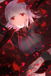  1girl black_dress breasts commentary_request corruption dark_sakura dress fate/stay_night fate_(series) hair_ribbon hands_up heaven&#039;s_feel highres katakonpe large_breasts long_hair looking_at_viewer matou_sakura partially_submerged red_background red_eyes red_ribbon ribbon smile solo white_background 