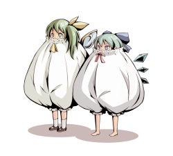  2girls ao_usagi ascot barefoot bloomers blue_eyes blue_hair bow cirno commentary covering_own_mouth daiyousei fairy_wings green_eyes green_hair hair_bow ice multiple_girls puffy_pants revision ribbon shadow side_ponytail simple_background tareme touhou tsurime underwear what wings 