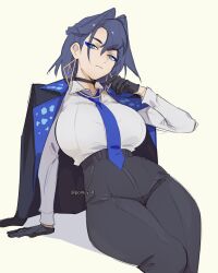  1girl absurdres arm_support black_choker black_gloves black_jacket black_pants blue_eyes blue_hair blue_necktie breasts choker closed_mouth collared_shirt earrings formal_clothes gloves hair_intakes highres hololive hololive_english jacket jacket_on_shoulders jewelry large_breasts necktie ouro_kronii pant_suit pants pomuya shirt shirt_tucked_in solo suit virtual_youtuber white_shirt 