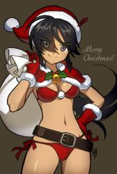 10s 1girl artist_name bad_id bad_twitter_id bell bikini black_background black_eyes black_hair breasts capelet christmas closed_mouth commentary cowboy_shot dark-skinned_female dark_skin english_text eyes_visible_through_hair female_focus girls_und_panzer hair_over_one_eye hand_on_own_hip hat hat_feather highres holding jingle_bell kanou_90 long_hair looking_at_viewer medium_breasts merry_christmas navel ogin_(girls_und_panzer) over_shoulder red_bikini red_capelet red_hat sack santa_bikini santa_costume santa_hat side-tie_bikini_bottom signature smile solo standing swept_bangs swimsuit rating:Sensitive score:11 user:danbooru