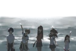  5girls amagi_yukiko black_hair black_pants black_sailor_collar black_skirt brown_hair closed_eyes collarbone doujima_nanako dress holding_shoe k1kiwa kujikawa_rise long_hair medium_hair multiple_girls ocean open_mouth pants persona persona_4 persona_4_revival red_shirt sailor_collar satonaka_chie shirogane_naoto shirt shoes short_hair skirt smile twintails unworn_shoes waving white_dress white_shirt 