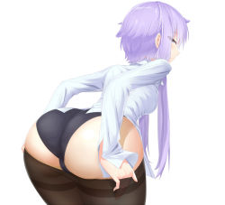 1girl abmayo ass black_panties black_pantyhose clothes_pull curvy female_focus half-closed_eyes highres huge_ass leaning_forward long_sleeves looking_back panties pantyhose pantyhose_pull purple_eyes purple_hair shirt short_hair_with_long_locks simple_background solo thighband_pantyhose twintails underwear undressing vocaloid voiceroid white_background white_shirt wide_hips yuzuki_yukari rating:Questionable score:172 user:danbooru