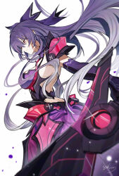  1girl absurdres armor armored_dress backless_dress backless_outfit bow breasts butt_crack chinese_commentary commentary date_a_live dated diffraction_spikes dress elbow_gloves expressionless floating_hair from_side gloves gradient_hair hair_between_eyes hair_bow highres holding holding_weapon large_breasts long_hair looking_ahead median_furrow multicolored_hair pauldrons purple_bow purple_dress purple_gloves purple_hair red_eyes shoulder_armor signature simple_background solo upper_body very_long_hair weapon white_background white_hair yatogami_tenka yisjhui 
