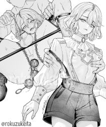  2boys anal_beads anus bdsm flaccid greyscale groping inverted_nipples medium_hair monochrome multiple_boys open_clothes open_mouth original penis perineum_piercing precum rokuzukeita sex_toy shirt testicles thighs trap urethral_beads 