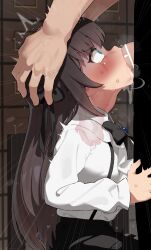  1boy 1girl absurdres alina_clover bar_censor black_bow black_bowtie black_skirt bow bowtie brown_hair censored deepthroat fellatio from_side green_eyes guild_no_uketsukejou_desu_ga_zangyou_wa_iya_nanode_boss_wo_solo_toubatsu_shiyou_to_omoimasu hands_on_another&#039;s_head hetero highres irrumatio long_hair mizumizuni oral penis profile shirt skirt solo_focus white_shirt x-ray 