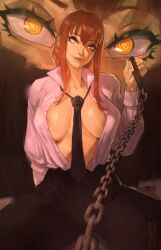  1girl absurdres areola_slip baoguild black_necktie black_pants breasts chain chain_leash chainsaw_man collar collared_shirt cropped_legs eye_focus highres large_breasts leash lips loose_necktie makima_(chainsaw_man) necktie open_clothes open_shirt pants red_hair ringed_eyes shirt smile solo unbuttoned white_shirt yellow_eyes 