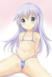 1girl arm_support bare_shoulders bikini blue_eyes blue_hair collarbone female_focus flat_chest gale_kawaii gochuumon_wa_usagi_desu_ka? gradient_background hair_ornament hairclip kafuu_chino loli long_hair looking_at_viewer micro_bikini multi-strapped_bikini_bottom navel parted_lips partially_visible_vulva pink_background simple_background solo spread_legs string_bikini swimsuit triangle_mouth white_background x_hair_ornament rating:Questionable score:160 user:danbooru