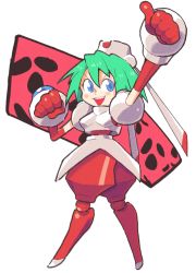  1girl android armor blue_eyes breastplate female_focus gloves green_hair hair_between_eyes hat inkerton-kun marina_liteyears pauldrons short_hair shoulder_armor simple_background solo yuke_yuke!!_trouble_makers  rating:Sensitive score:16 user:G22