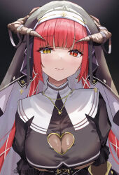  1girl black_shirt black_veil blunt_bangs breasts cleavage cleavage_cutout closed_mouth clothing_cutout commentary_request dark_background frilled_sleeves frills gold_necklace guimpe heart_cutout heterochromia highres hiragi_1014 hololive horns houshou_marine houshou_marine_(nun) jewelry large_breasts light_blush long_hair looking_at_viewer necklace nun red_eyes red_hair shirt short_sleeves smile solo straight-on upper_body veil virtual_youtuber white_veil yellow_eyes 