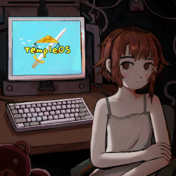  1girl absurdres brown_eyes brown_hair cable choppy_bangs commentary computer_keyboard crossed_arms dark_room english_commentary fffkorobka hair_ornament highres indoors iwakura_lain looking_to_the_side monitor no_pupils serial_experiments_lain solo stuffed_animal stuffed_toy teddy_bear templeos white_chemise x_hair_ornament 