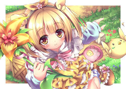  1girl baby_animal bag bird blonde_hair boots brown_boots chick cococco_alma dress emil_chronicle_online flower highres holding holding_flower looking_at_viewer meadow skirt smile socks striped_clothes striped_socks twintails white_dress yellow_eyes yellow_skirt yupi828 