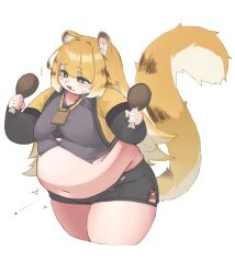  1girl animal_ear_fluff animal_ears animal_print belly big_belly black_shirt black_shorts blonde_hair blush brown_hair chicken_(food) chicken_leg crop_top fat fat_woman food food_on_face green_eyes highres holding holding_food ju_fufu lanyard large_tail long_hair multicolored_hair nantekottai25 open_mouth plump popped_button shirt short_shorts shorts solo standing sweat tail thick_thighs thighs tiger_ears tiger_girl tiger_print tiger_tail white_background white_hair zenless_zone_zero 