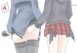 2girls absurdres ako_(blue_archive) anger_vein black_gloves black_hoodie black_skirt black_thighhighs blue_archive blue_jacket commentary eighth_note from_behind garter_straps gloves grabbing_another&#039;s_ass groping head_out_of_frame highres holding_another&#039;s_wrist hood hoodie jacket kayoko_(blue_archive) low_wings lower_body medal_(baowaannnn) multiple_girls musical_note plaid_clothes plaid_skirt pleated_skirt red_skirt simple_background skirt spoken_anger_vein sweat thighhighs white_background wings yuri  rating:Questionable score:10 user:danbooru