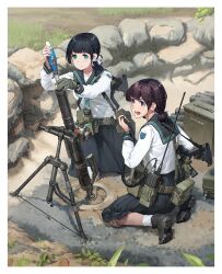  2girls ammunition_box assault_rifle black_skirt gloves grey_gloves gun highres jacket mortar_(weapon) multiple_girls original radio reloading rifle school_uniform skirt squatting tanto_(tc1995) weapon weapon_request white_jacket 