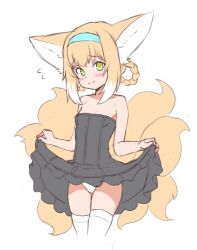  1girl animal_ear_fluff animal_ears arknights bare_shoulders black_dress blonde_hair blue_hairband blush braid breasts clothes_lift dress dress_lift flying_sweatdrops fox_ears fox_girl fox_tail green_eyes hair_rings hairband jalm lifting_own_clothes loli long_hair multiple_tails panties pantyshot small_breasts smile solo strapless strapless_dress suzuran_(arknights) tail thighhighs thighs underwear white_panties white_thighhighs 