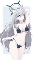  1girl absurdres animal_ears bikini black_bikini black_halo blue_archive blue_eyes breasts cleavage commentary cowboy_shot cross cross_hair_ornament dark_halo extra_ears grey_hair hair_ornament halo highres incredibly_absurdres inverted_cross large_breasts long_hair mismatched_pupils o-ring o-ring_top shinba233 shiroko_(blue_archive) shiroko_terror_(blue_archive) side-tie_bikini_bottom solo swimsuit wolf_ears wolf_girl 