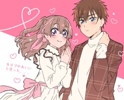  1boy 1girl blue_eyes bow brown_hair brown_jacket closed_mouth collared_dress commentary_request cowboy_shot crossed_bangs delicious_party_precure dress expressionless eyelashes hair_between_eyes hair_bow hand_on_own_neck happy heart heart_of_string high_collar highres jacket light_blush long_hair long_sleeves miri_(crafimiri) nagomi_yui open_clothes open_jacket pink_background pink_bow plaid_clothes plaid_jacket pleated_dress precure purple_eyes shinada_takumi shirt short_hair size_difference smile standing tareme translation_request turtleneck turtleneck_shirt two-tone_background two_side_up unmoving_pattern waist_bow wavy_hair white_background white_dress white_shirt 