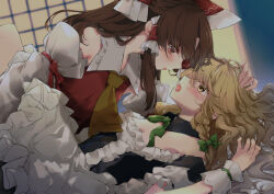  2girls after_kiss apron ascot blonde_hair blush bow braid brown_hair detached_sleeves frilled_bow frilled_hair_tubes frills green_ribbon hair_bow hair_tubes hakurei_reimu hand_on_another&#039;s_head kirisame_marisa long_hair lying meji_aniki multiple_girls on_back open_mouth red_bow red_eyes red_ribbon ribbon saliva saliva_trail shouji side_braid single_braid sliding_doors touhou waist_apron yellow_ascot yellow_eyes yuri 
