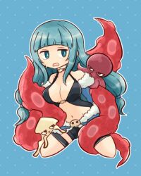  1girl arched_bangs black_shorts black_tank_top blue_background blue_cape blue_eyes blue_hair blue_sleeves blunt_bangs breasts cape cleavage clothing_cutout detached_sleeves full_body fur-trimmed_cape fur-trimmed_sleeves fur_trim large_breasts long_hair navel octopus open_mouth pochiko_(poteko) ragnarok_online short_shorts shorts solo squid stalker_(ragnarok_online) stomach_cutout tank_top tentacles thigh_strap waist_cape 
