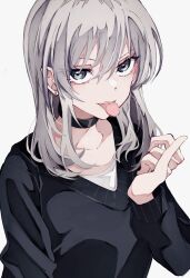 1girl absurdres black_choker black_sweater blush choker collarbone commentary earrings girls_band_cry grey_eyes grey_hair hair_between_eyes highres jewelry kawaragi_momoka long_hair long_sleeves multicolored_hair nuruponnu pinky_out roots_(hair) sidelocks simple_background solo stud_earrings sweater symbol-only_commentary teeth tongue tongue_out upper_body white_background  rating:General score:3 user:danbooru