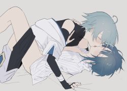 2boys ahoge bad_id bad_pixiv_id bare_shoulders bed_sheet blue_hair blush chongyun_(genshin_impact) clothed_sex cum closed_eyes genshin_impact grey_background hood hood_down kiss light_blue_hair lying male_focus multiple_boys on_back open_mouth sex sheet_grab simple_background teeth tongue upper_teeth_only xingqiu_(genshin_impact) yaoi yoko_(nz_g) rating:Explicit score:76 user:danbooru