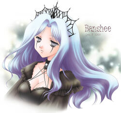  1girl 2009 banshee_(mabinogi) black_dress breasts character_name circlet cleavage closed_mouth commentary_request dress empty_eyes expressionless grey_eyes grey_hair large_breasts lea_sakura long_hair looking_at_viewer mabinogi solo upper_body 