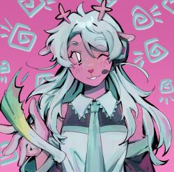 1girl ahoge animal_ears animal_nose antlers aqua_necktie aqua_trim bare_shoulders body_freckles closed_mouth collared_shirt colored_skin commentary cosplay deer_antlers deer_ears deer_girl deltarune detached_sleeves english_commentary food freckles frilled_shirt_collar frills furry furry_female goomyloid hair_between_eyes hand_up hatsune_miku hatsune_miku_(cosplay) head_tilt headset highres holding holding_food holding_spring_onion holding_vegetable horns leekspin_(meme) long_hair long_sleeves looking_at_viewer necktie noelle_holiday noelle_holiday_(dark_world) one_eye_closed pink_background pink_skin shirt simple_background sleeveless sleeveless_shirt smile solo spring_onion straight-on teeth upper_body vegetable vocaloid white_eyes white_hair white_shirt
